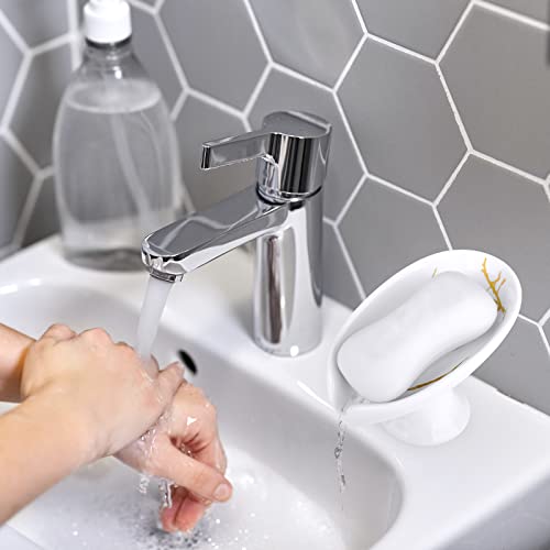Soap Dish for Shower Ceramic Soap Holder Self Draining Leaf Shape Bar Soap Tray, Marble Pattern White Drain Soap Dish Holder for Bathroom,Easy Cleaning Keep Soap Dry - color: White
