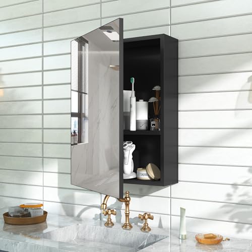 18x14 Inch Bathroom Medicine Cabinet with Mirror, Pre-Assembled Bathroom Medicine Cabinets, Surface/Recessed Wall Mounted Farmhouse Large Medicine Cabinet, Black - color: Black, size: 14 x 18