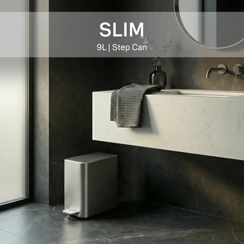 simplehuman Slim Step Can, 9L / 2.4 Gallon Primary Bathroom Trash Can, Liner Pocket®, Sleek Internal Hinge, 150,000-Step All-Steel Pedal, Lid Shox® Silent Close, Brushed Stainless Steel - color: Brushed, size: 9L