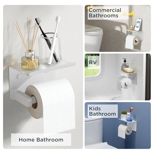 FORIOUS Toilet Paper Holder with Shelf, Adhesive or Screw, White | Wall Mount Toilet Paper Roll Holder for Bathroom, Stainless Steel Commercial Toilet Tissue Roll Dispenser with Phone Shelf - color: White