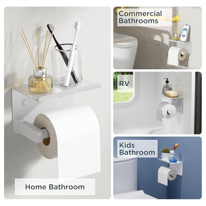 FORIOUS Toilet Paper Holder with Shelf, Adhesive or Screw, White | Wall Mount Toilet Paper Roll Holder for Bathroom, Stainless Steel Commercial Toilet Tissue Roll Dispenser with Phone Shelf - color: White