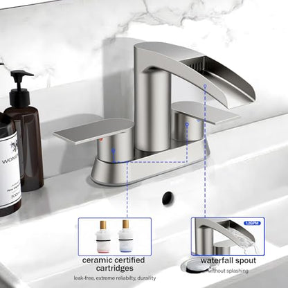 Bathroom Sink Faucet for 3 Hole, Hurran 4 Inch Bathroom Faucets with Pop-up Drain, Stainless Steel 2-Handle Waterfall Faucet for Sink, Brushed Nickel - color: Brushed Nickel