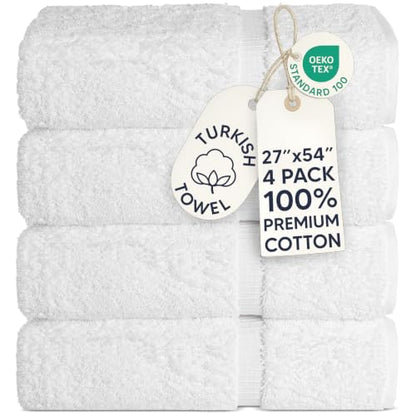 Chakir Turkish Linens 4 Piece Bath Towel Set, 100% Cotton Luxury Turkish Towels for Bathroom, Soft Absorbent Bath Towels, 27 x 54 Inches, White - color: White