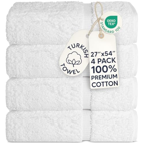 Chakir Turkish Linens 4 Piece Bath Towel Set, 100% Cotton Luxury Turkish Towels for Bathroom, Soft Absorbent Bath Towels, 27 x 54 Inches, White - color: White