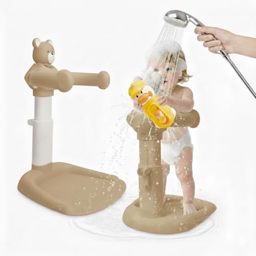 2-in-1 Adjustable Baby Shower Support Set Bear Design with Little Toy Duck | Bathroom Safety Standing Infant Shower Chair & Bather Station | Portable Non-Slip Bathing Stand for 6-48 Months - color: Caramel