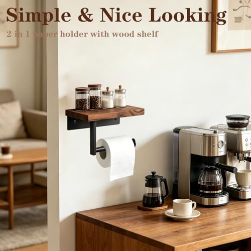 Toilet Paper Holder with Shelf, Thicken Metal Wall Mounted Toilet Roll Holders for Bathroom Washroom, Modern Toilet Tissue Holder Rustproof Paper Towel Storage Bathroom Decor (Black)