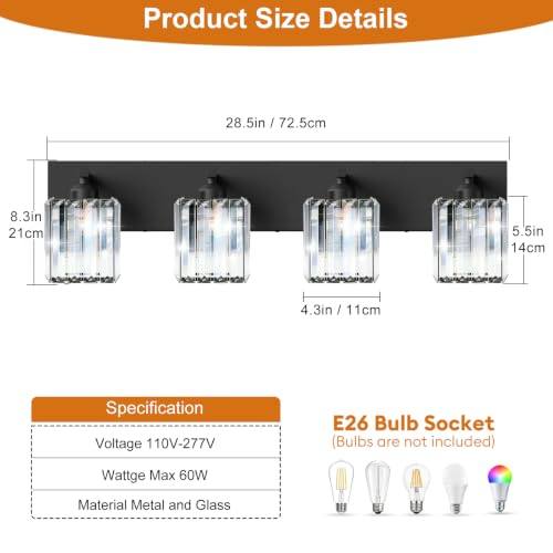 Black Crystal Bathroom Vanity Light, 4-Light Modern Bathroom Lighting Fixtures Over Mirror, Matte Black Wall Sconce Light Fixtures with Square Shade - color: Black-Square Shade, size: 4-LIGHT