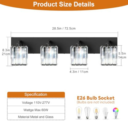 Black Crystal Bathroom Vanity Light, 4-Light Modern Bathroom Lighting Fixtures Over Mirror, Matte Black Wall Sconce Light Fixtures with Square Shade - color: Black-Square Shade, size: 4-LIGHT
