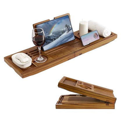 Luxury Teak Bathtub Tray - Foldable Bath Caddy with Expandable Handles, Wine Glass & Phone Holder, Book Stand - Enhance Home Spa Experience with Natural Material - Relaxing & Reading, Teak - color: Teak