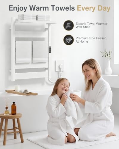 6-Bar Wall Mounted Heated Towel Rack, 170°F Heating White | Bathroom Towel Warmer with Top Shelf, Memory Function, Adjustable 110–170°F Temperature, 2–12H Timer, Space Saving Design - color: White, size: ZW 6-Bars