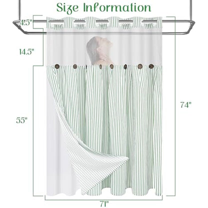 ASPMIZ Farmhouse Striped Shower Curtain and Liner Set No Hook, Green 71x74 | No Hook Shower Curtain with Snap in Liner Fabric, Rustic Washable Waterproof Bathroom Curtains with Button, Mesh Top Window - color: Green Striped, size: 71"W x 74"L (Pack of 1),
