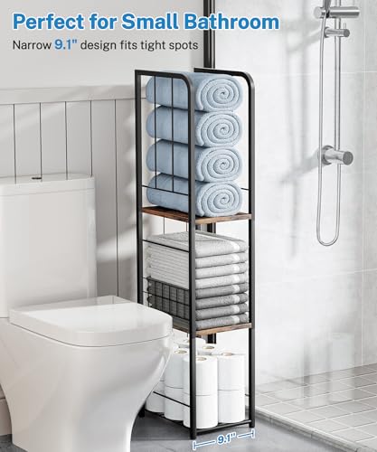 Narrow Towel Storage for Bathroom, 3-Tier Free Standing Bathroom Towel Rack Organizer with Shelf for Small Bath, Pool, Brown