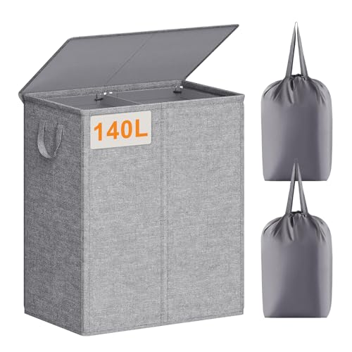 Chrislley Double Laundry Hamper with Lid, 140L Laundry Basket 2 Section | Large Dirty Clothes Hamper 2 Compartments with Removable Liner Bags & Handles, Collapsible Storage for Bedroom, Doom, Grey - color: Grey, size: 140l(24.0"l X 14.2"w X 25.2"h)