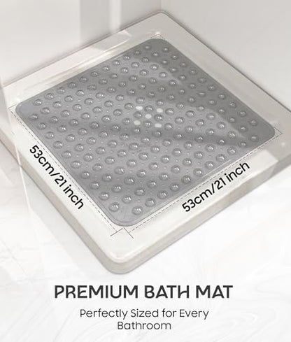 Square Shower Mat Non Slip, 21x21 Inch Square Bathtub Mat for Inside-Shower with Suction Cups Drain Holes, Anti-Slip Bathroom Floor Shower Stall Mats, Soft Bath for Tub, Machine Washable - Gray - color: Gray