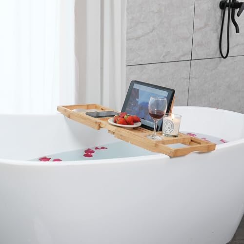 Utoplike Bamboo Bathtub Caddy Tray for Tub, Expandable Bath Table Trays | Adjustable, Bathroom Organizer with Book Tablet Stand, Wine Glass Cup, Towel Holder (24.5"-37.4") - color: 24.5-37.4 in