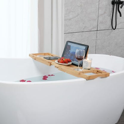 Utoplike Bamboo Bathtub Caddy Tray for Tub, Expandable Bath Table Trays | Adjustable, Bathroom Organizer with Book Tablet Stand, Wine Glass Cup, Towel Holder (24.5"-37.4") - color: 24.5-37.4 in