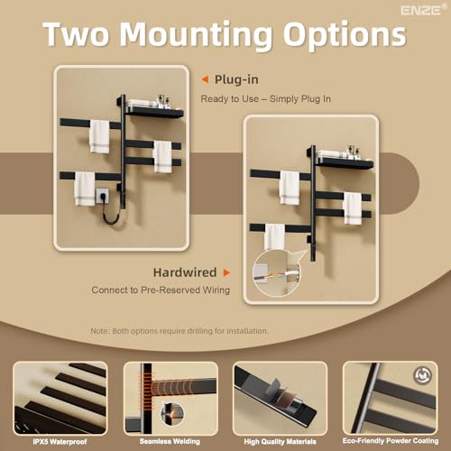 ENZE Smart Rotating Heated Towel Rack, 4-Bar, Matte Black | Wall-Mounted Electric Towel Warmer, Swivel Shelf, Wi-Fi App Control, 24H Timer, Stainless Steel - color: Black 17.72"x26.77"