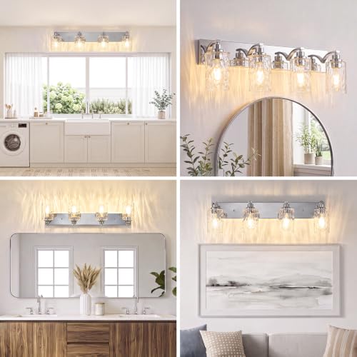 4-Light Bathroom Light Fixtures Modern Chrome Vanity Lights | Easy to Install Clear Hammered Glass Shades, Rippled Glow, Wall Mount Up or Down, E26 Socket, Hardwired, 120V - color: Chrome Hammer, size: 4 Lights