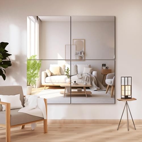 Frameless Mirror Tiles 20"x20"x4 Pcs Wall Mounted | Shatter Resistant, Full Length, Tempered Glass Panels, For Home Gym Bathroom Bedroom & Living Room Decor - size: 20''x20''-4PCS
