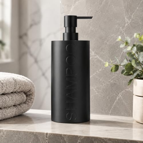 Matte Black Shampoo Dispenser Modern Refillable Pump Bottle with Embossed Text, Durable Resin Construction for Bathroom and Kitchen - color: Shampoo Black