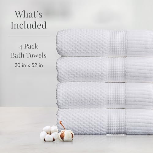 NY Loft 100% Cotton 4-Pack Bath Towel Set | White | Oeko-TEX | Quick-Dry | Four 30" x 52" Bath Towels | Super Absorbent | Designer-Styled Texture - color: Bright White, size: Bath Towel (4 Pack)