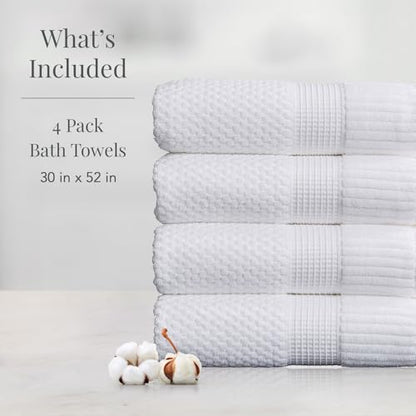 NY Loft 100% Cotton 4-Pack Bath Towel Set | White | Oeko-TEX | Quick-Dry | Four 30" x 52" Bath Towels | Super Absorbent | Designer-Styled Texture - color: Bright White, size: Bath Towel (4 Pack)