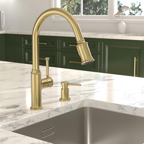 Lava Odoro Brushed Gold Kitchen Faucet with Pull Down Sprayer | Single Handle Kitchen Sink Faucet with 3-Function Sprayer, Deck Plate Included, 1.8GPM, KF421-SG - color: Brushed Gold, style: Standard