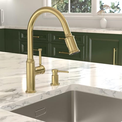 Lava Odoro Brushed Gold Kitchen Faucet with Pull Down Sprayer | Single Handle Kitchen Sink Faucet with 3-Function Sprayer, Deck Plate Included, 1.8GPM, KF421-SG - color: Brushed Gold, style: Standard