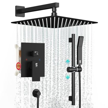 SR SUN RISE 10 Inch Square Shower System with Slide Bar,Matte Black | Rain Head and Handle System,16" Adjustable Shower Slide Bar,Soild Brass,Wall Mount,Included Valve and Trim Kit - color: Matte Black, size: 10 Inch