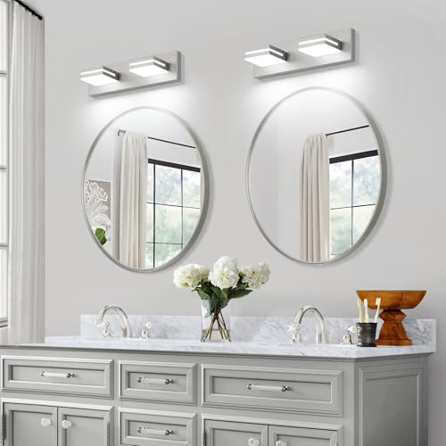 SineRise LED Modern Bathroom Vanity Light Fixtures, Modern Acrylic Bathroom Wall Lighting Fixtures Over Mirror, 2-Light, 15.5-Inch, Nickel, 100%-0% White - color: Nickel, 100%-0% White, size: 2-Light, 15.5-Inch