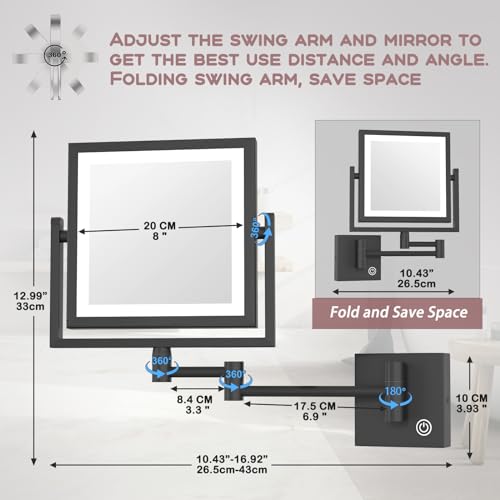 Direct Wire Makeup Magnifying Mirror Wall Mounted, 8 Inch Double Sided 1X/3X Magnification, Touch Dimmable, Brass 360 Swing Extension Arm, Square Frame, Brighter 7W LED Light, Matte Black - color: Matt Black