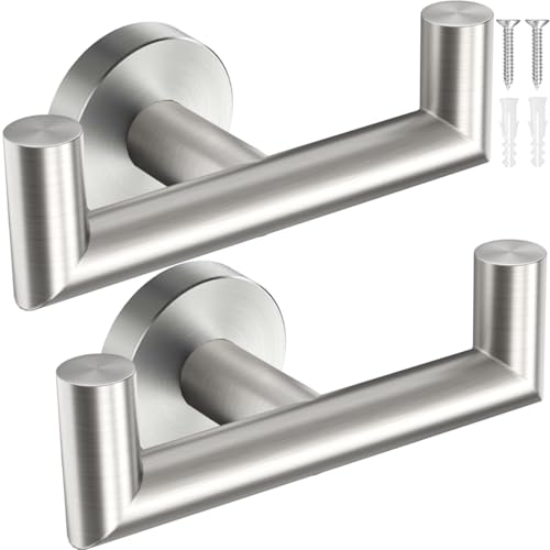 DGYB Towel Hooks for Bathroom 2 Packs Brushed Nickel Wall Mount Towel Holder Stainless Steel Heavy Duty Double Robe Coats Hook for Kitchen, Bedroom, Pool (Drilling) - color: Brushed Nickel