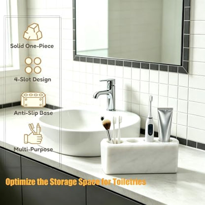 Marble Toothbrush Holder, 4 Slots for Multiple Toothbrushes | Toothbrush Stand Fits Electric Toothbrush, Toothpaste, Razor & Makeup Brushes, Luxury Stone Storage Toothbrush Organizer
