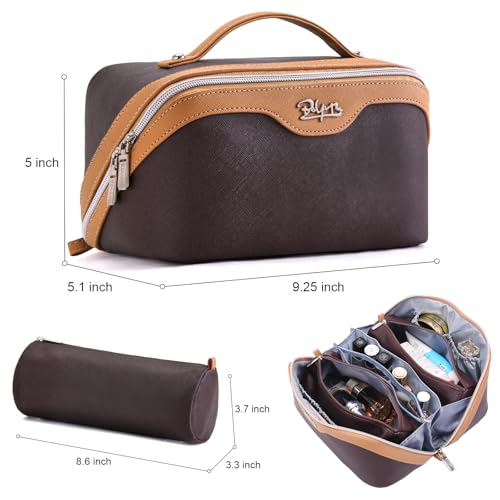 BOYATU Travel Makeup Bag Organizer Cosmetic Bag: 3 Pcs Set Make up Bags for Women with Handle - Waterproof Vegan Leather Toiletry Bags Travel Essentials Pouch with Compartments (A-03-Brown) - color: 02-D-Brown