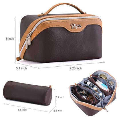 BOYATU Travel Makeup Bag Organizer Cosmetic Bag: 3 Pcs Set Make up Bags for Women with Handle - Waterproof Vegan Leather Toiletry Bags Travel Essentials Pouch with Compartments (A-03-Brown) - color: 02-D-Brown