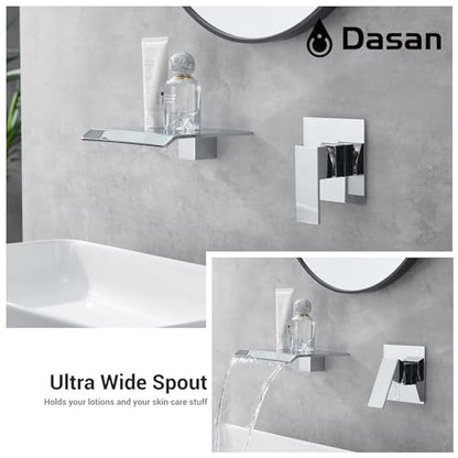 DASAN Wall Mount Waterfall Bathroom Faucet Polished Chrome in Wall Sink Faucet, Single Handle Wall Mounted Modern Faucet for Bathroom with Upgraded Rough in Valve, DA-TFD3CH-NH - color: Polished Chrome