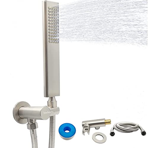 Solid Brass Handheld Shower Head Arc Design High Pressure Brushed Nickel Hand Shower Wand with Adjustable Supply Elbow Wall Connector Shower Holder and 59″ Stainless Steel Hose Set - color: Brushed Nickel