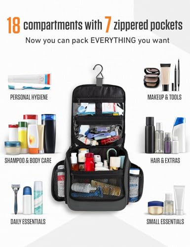 VENTURE 4TH Hanging Travel Toiletry Bag, 18 Compartments - Gray | Hangs on rails, hooks or doors; stands upright. Removable TSA pouch. Water-resistant Nylon 290D Twill, reinforced stitching. - color: Gray