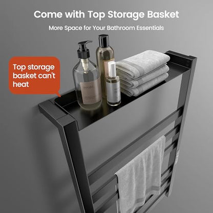 Towel Warmer 6 Bars with Shelf, Stainless Steel Towel Warmer Rack | for Bathroom, Wall Mounted Towel Heater with Intelligent Touch Screen Timer, Hard Wired/Plug-in, Black - size: 6 Bars with Shelf