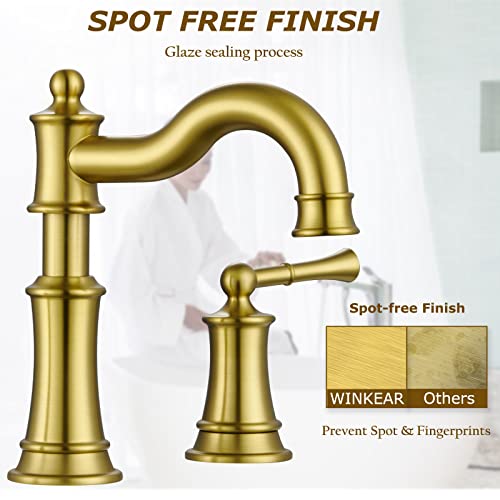 Roman Bathroom Sink Faucet 3 Holes Brushed Gold 2 Handle Widespread 8 inch Deck Mount Installation with Overflow Pop Up Drain Assembly and Water Supply Lines - color: Brushed Gold, style: 3 Hole Deck Mount