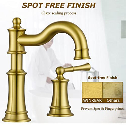 Roman Bathroom Sink Faucet 3 Holes Brushed Gold 2 Handle Widespread 8 inch Deck Mount Installation with Overflow Pop Up Drain Assembly and Water Supply Lines - color: Brushed Gold, style: 3 Hole Deck Mount