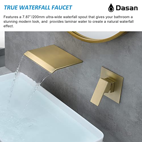 DASAN Wall Mount Waterfall Bathroom Faucet Brushed Gold in Wall Sink Faucet, Single Handle Wall Mounted Modern Faucet for Bathroom with Upgraded Rough in Valve, DA-TFD3BG-NH - color: Brushed Gold