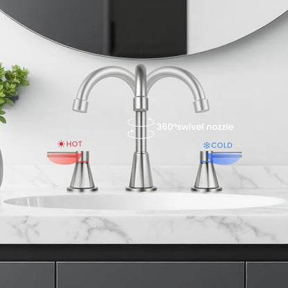 8 Inch Bathroom Faucet 3 Hole Nickel 2 Handle Bathroom Sink Faucet | Stainless Steel, 360° Swivel Spout, Widespread 2 Handle, Includes Pop-Up Drain,Water Supply Lines,Brushed Nickel - color: Brushed Nickel