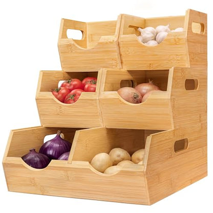 HOMESTEAD 3-Tier Bamboo Pantry Storage Bins – Stackable Potato & Onion Storage Bin with Handles, Fruit Basket & Produce Organizer for Kitchen Countertop, Pantry Organization, Set of 5 - size: 3-Tier ( 5 pack )