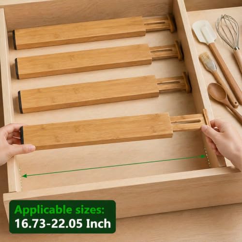 6 Pack Bamboo Drawer Dividers, Dresser Separators 16.6" to 21.8" | Adjustable Expandable Drawer Organizer, Bamboo Kitchen Drawer Divider for Clothing Socks Office Desk Bathroom Storage