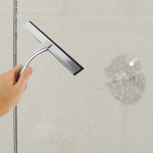 SUPVOX Stainless Steel Bathroom Squeegee with 10-inch Rubber Blade and Adhesive Hook, Glass Door Window Cleaner for Shower Screens, Tile, and Car Glass Cleaning Tool