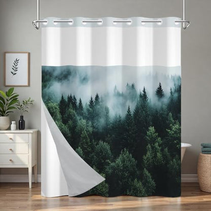 No Hook Shower Curtain with Snap in Liner, Misty Forest Easy Hang Double-layer Waterproof Fabric Shower Curtain with Sheer Top Window, 71x74 Inches Summer Bathroom Shower Curtain Sets and Weighted Hem - color: Misty Forest