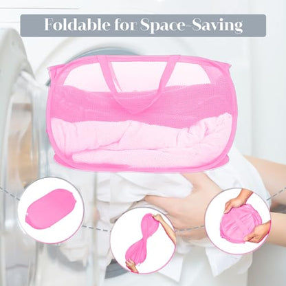 4 Pcs Durable Collapsible Laundry Baskets, Foldable Large Opening Pop Up Laundry Hamper with Pocket, Clothes Hamper with Handles for Laundry, Bathroom, Kids Room, Dorm or Travel Pink - color: 4 x Pink