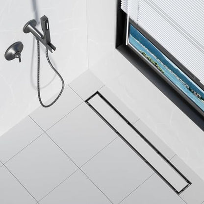 Neodrain 32" Matte Black Linear Shower Drain,2-in-1 Flat& Tile Insert Cover | 304 Stainless Steel,Fast Drainage, Durable,Rectangle Shower Floor Drain with Adjustable Feet,Hair Strainer,Fits Bathrooms - color: Matte Black, size: 32 In