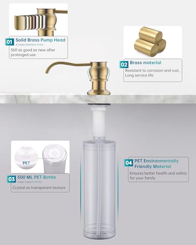 Built in Deck Mount Liquid Lotion Kitchen Countertop Metal Soap Dispenser, Brushed Gold Brass Dispenser Pump with 47.2" Silicone Long Tube for 0.79 "- 1.38" High Capacity Bottle Mouths - color: Brushed Gold, size: With Hose